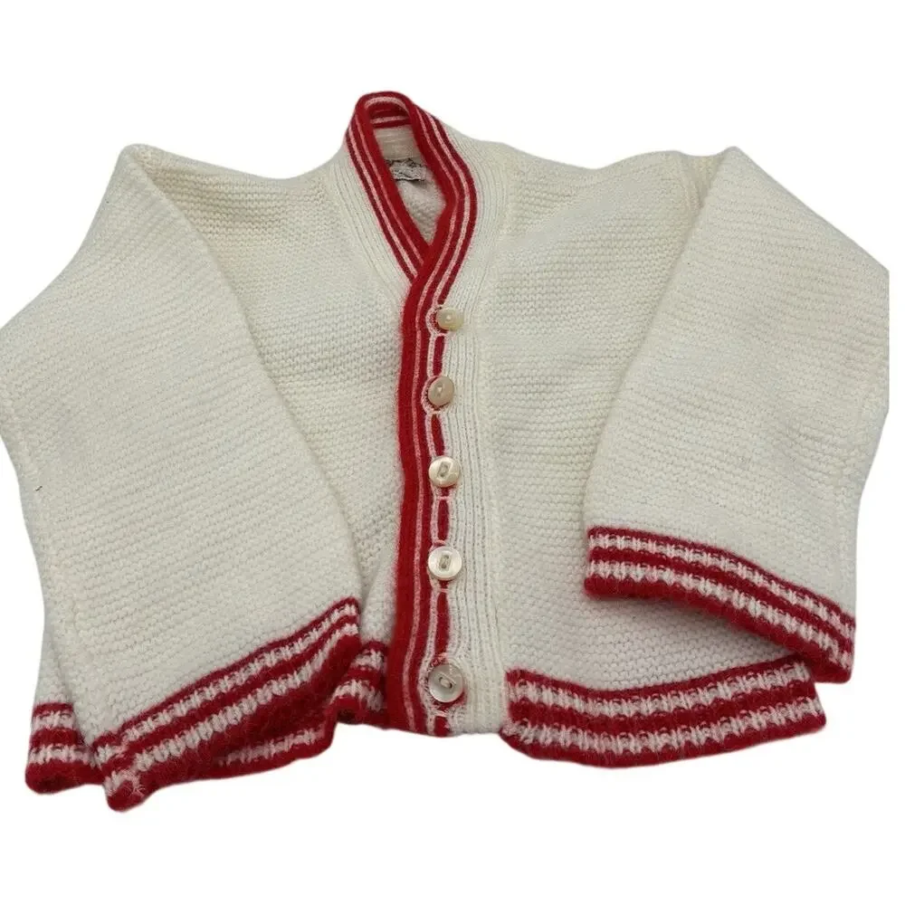 Vintage Penney’s Toddler Cardigan Size 3 White Red Stripe Orlon Acrylic